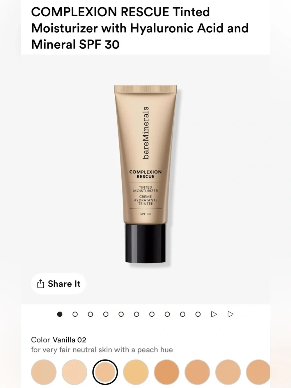 NIB bareMinerals Complexion Rescue Skin-Perfecting Tint - Vanilla 02